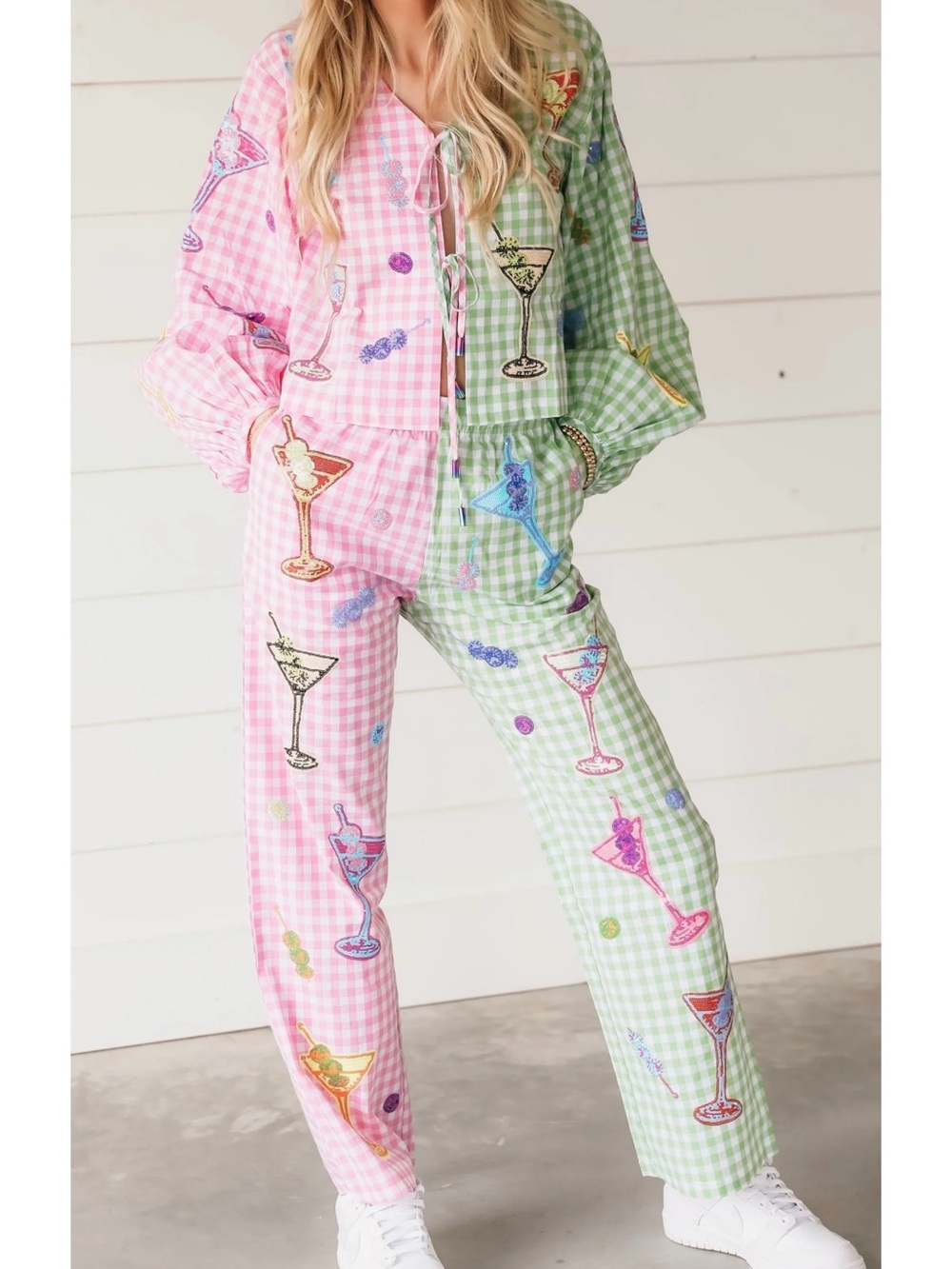 Gingham Cocktail Print Two-Tone Lounge Set - Pink & Green